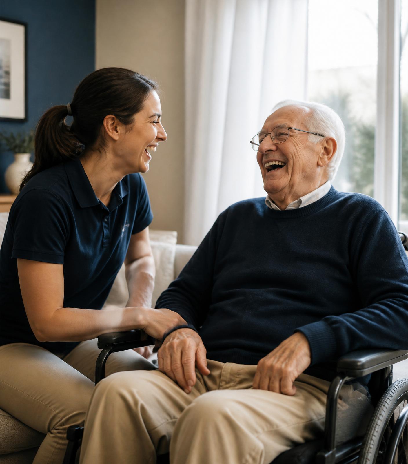 Caregiver laughing with elderly gentleman