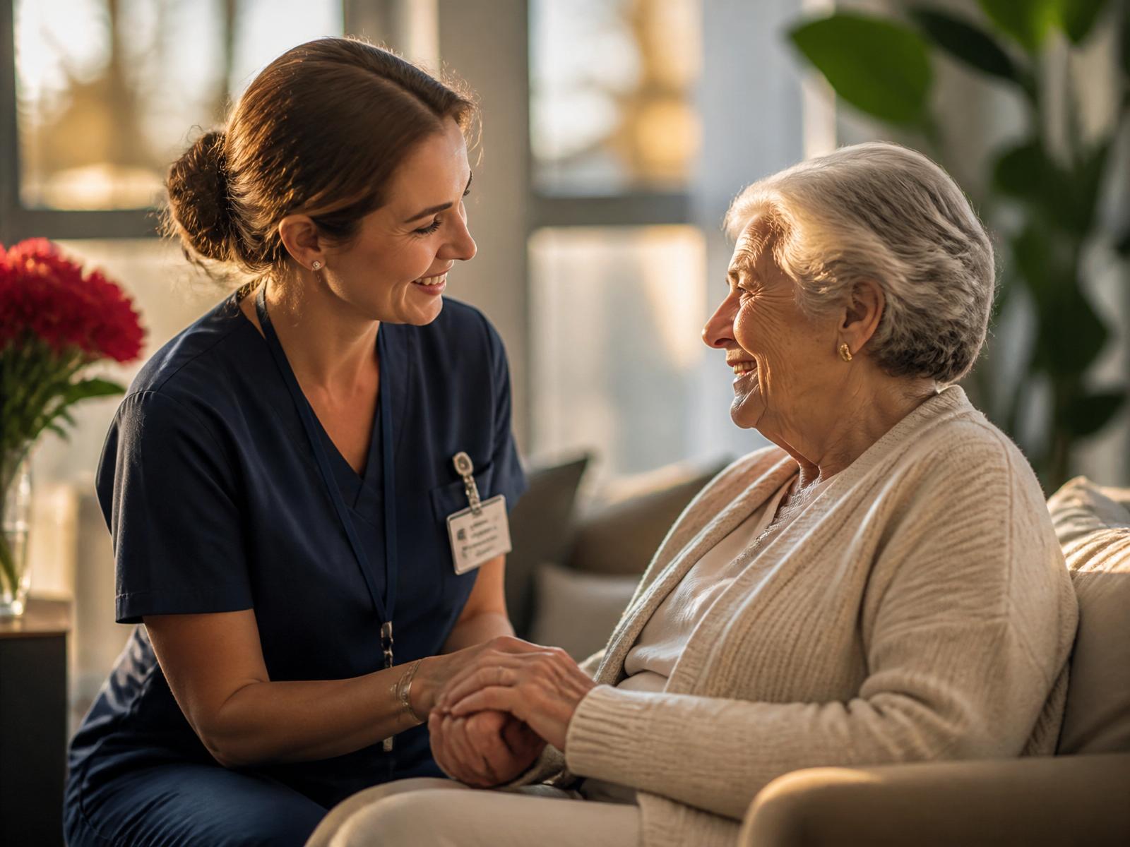 Caregiver supporting an elderly woman at home